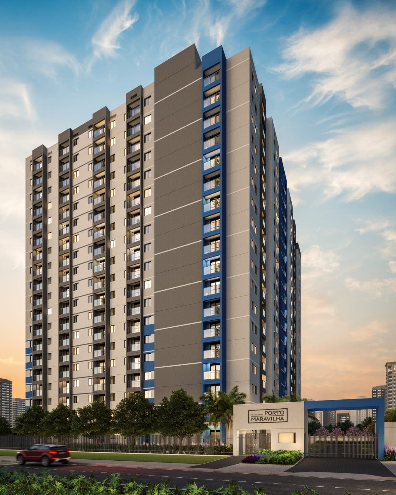 Fachada do edifício residencial com portaria e paisagismo.