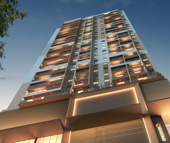 Perspectiva da fachada de edifício residencial com varandas e iluminação noturna.